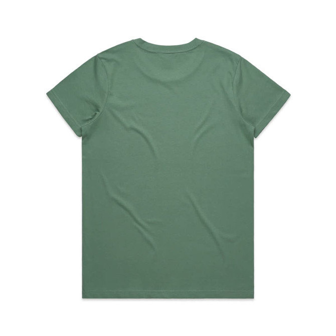A green t-shirt with a simple design and a logo on the back.