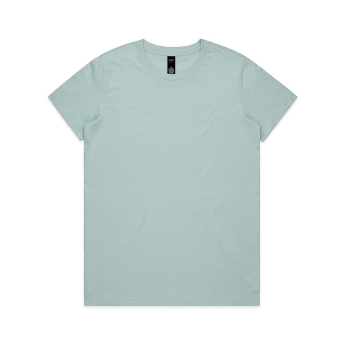 A light blue T-shirt displayed flat, featuring a round neckline and a tag at the collar, with a plain design.