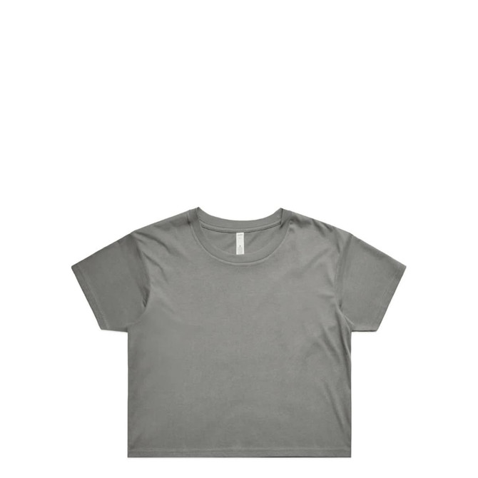 A grey crop tee with short sleeves and a round neckline. It features a logo on the inside label.