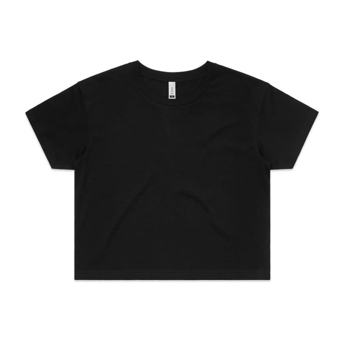 A black crop tee with a relaxed fit, featuring short sleeves and a rounded neckline. Includes a logo.