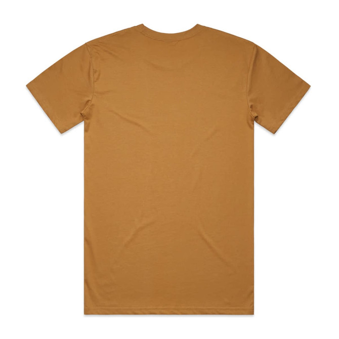 A plain, mustard-coloured T-shirt featuring short sleeves and a back view. The shirt includes a logo.