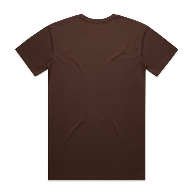 A brown T-shirt featuring a plain back and short sleeves, with a branding logo.