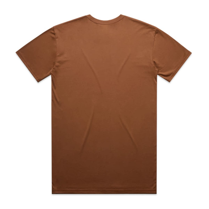 A brown T-shirt with short sleeves and a plain back design. It features a logo on the label.