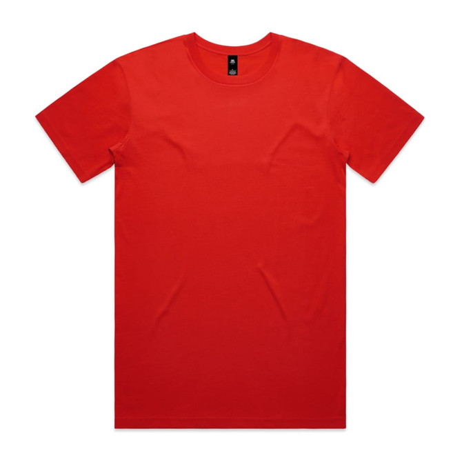 A red T-shirt with short sleeves, featuring a logo at the neck.