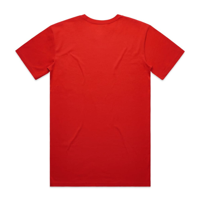 A plain red T-shirt with a classic crew neckline and short sleeves, featuring a logo on the back.