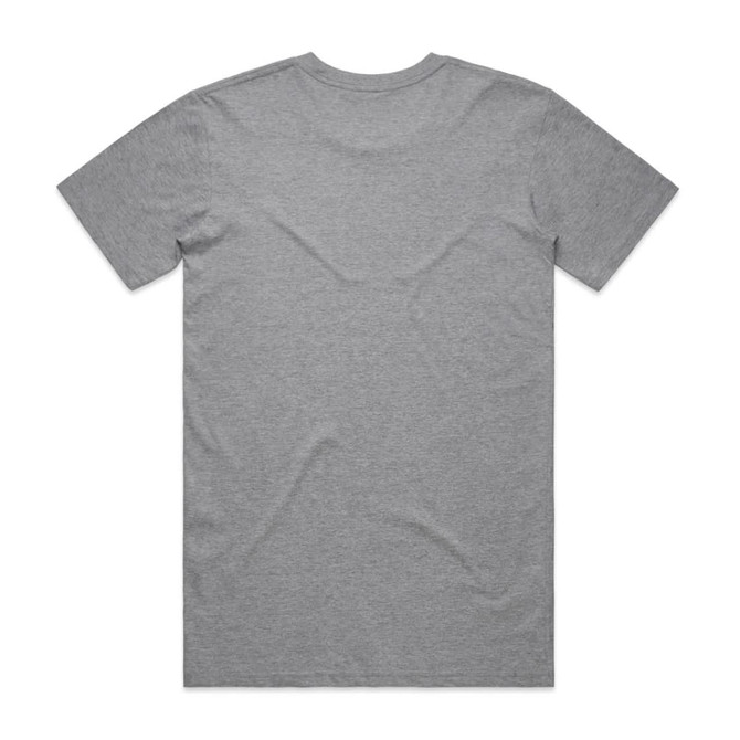 A grey T-shirt featuring short sleeves and an empty back. The shirt includes a logo on the front.