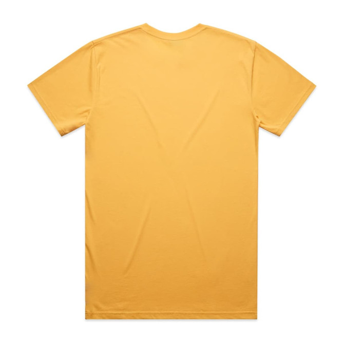 A plain yellow t-shirt with a standard crew neckline and short sleeves, featuring a logo on the back.