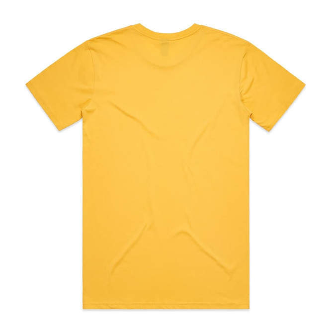 A yellow T-shirt with a plain back and short sleeves, featuring a logo.