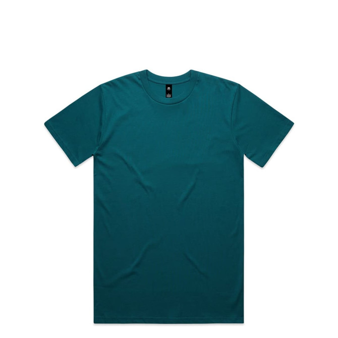 A teal T-shirt with a classic crew neck design and a tag label, featuring a logo.