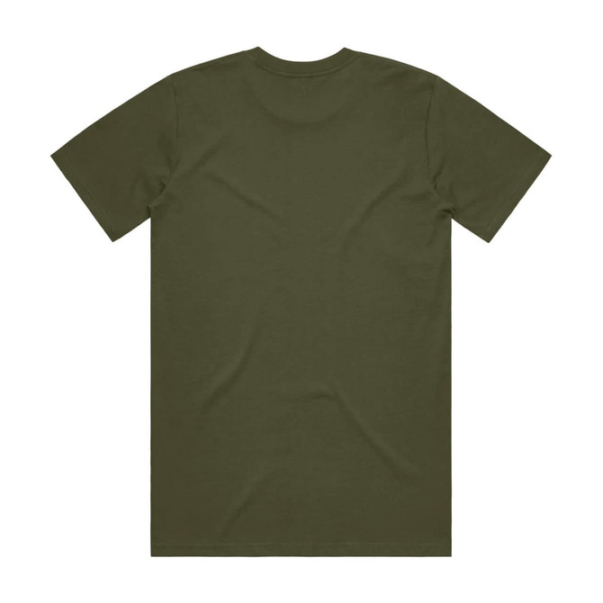 A plain olive green T-shirt featuring a classic design with a round neck and short sleeves. It has a logo on the back.