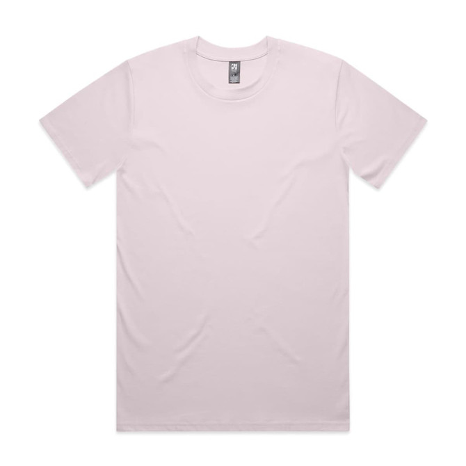 A plain light pink T-shirt with a round neckline and short sleeves, featuring a logo on the label.