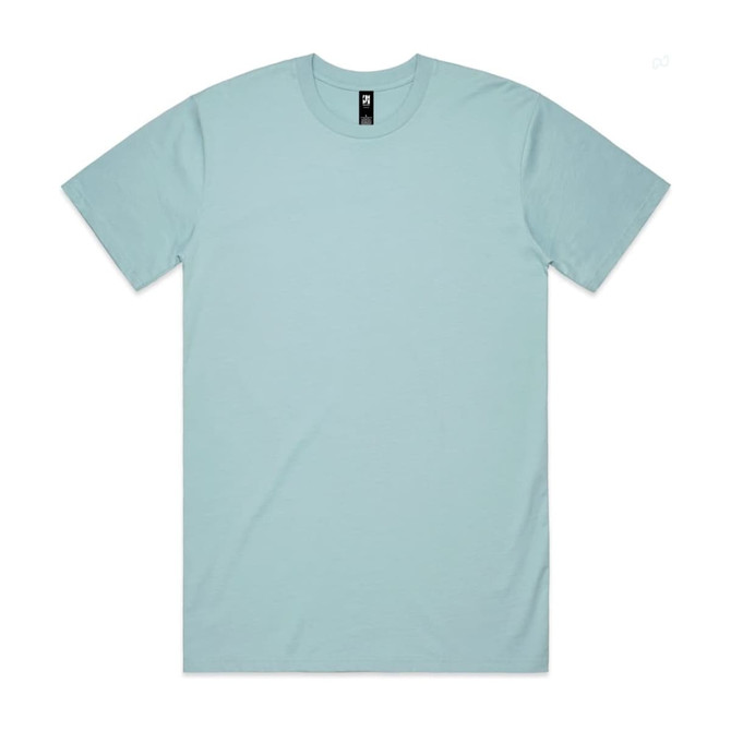 A light blue classic t-shirt with a simple design and a logo on the label.