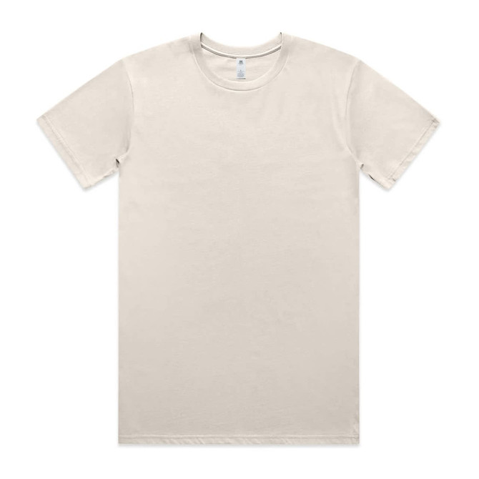 A plain light beige T-shirt with a round neckline and short sleeves, featuring a logo at the neckline.
