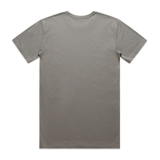 A plain grey basic tee with short sleeves and a crew neckline, featuring a logo on the back.