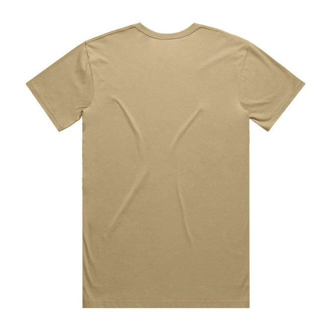 A plain beige T-shirt with a back view, featuring a smooth fabric texture. The shirt has a logo on a tag.