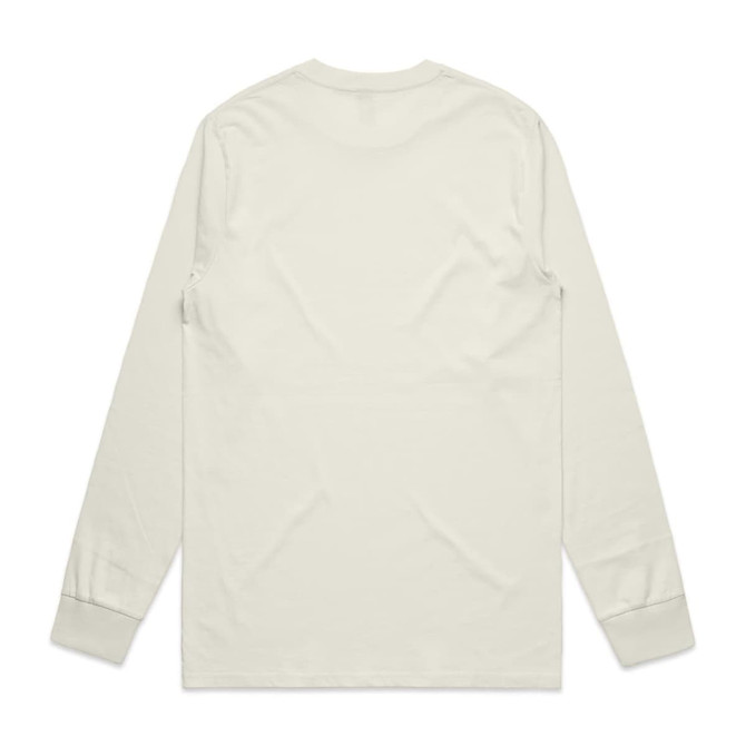 A beige long-sleeve T-shirt with a simple design and fitted cuffs, featuring a logo on the back.