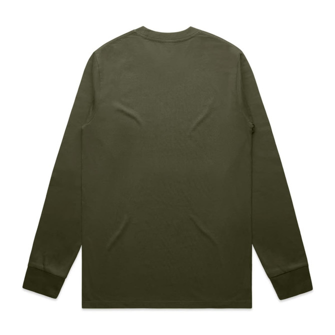 A long-sleeved T-shirt in olive green, featuring a simple design and a logo on the back.