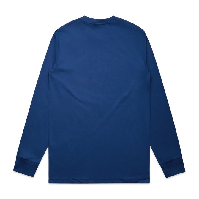 A long-sleeve tee in navy blue, featuring a simple design and a logo on the back.
