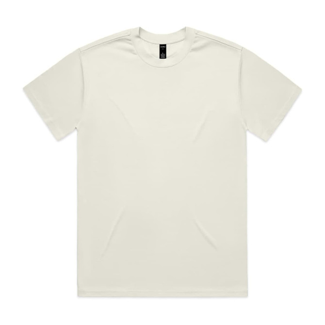 A plain cream Heavy Tee t-shirt with a round neckline and short sleeves. It features a logo on the label.