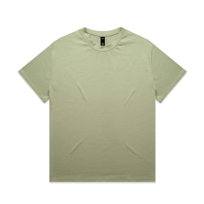 A plain olive green T-shirt with a round neck and short sleeves, featuring a tag inside.
