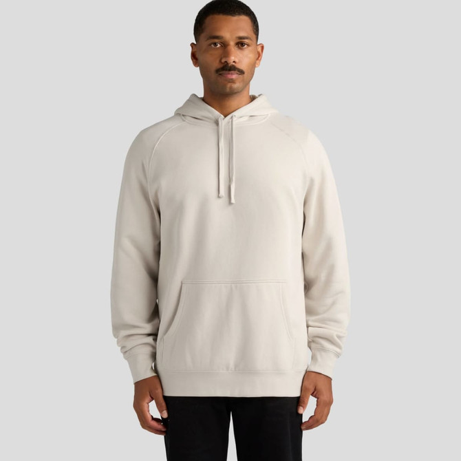 A light grey hoodie with a front pocket and a hood, featuring a logo on the sleeve.