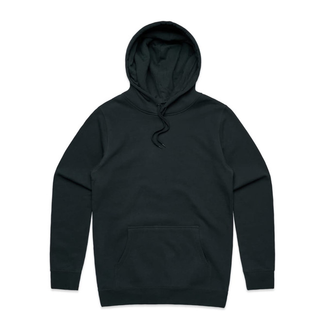 A black hoodie with a front pocket and a drawstring hood. It features a logo on the design.