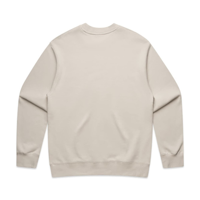 A beige jumper with long sleeves and a crew neck, featuring a plain back and ribbed cuffs.