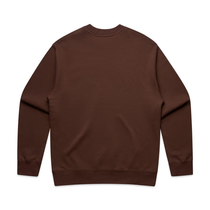 A brown sweater with long sleeves and a crew neckline. Features a plain back and includes a logo.