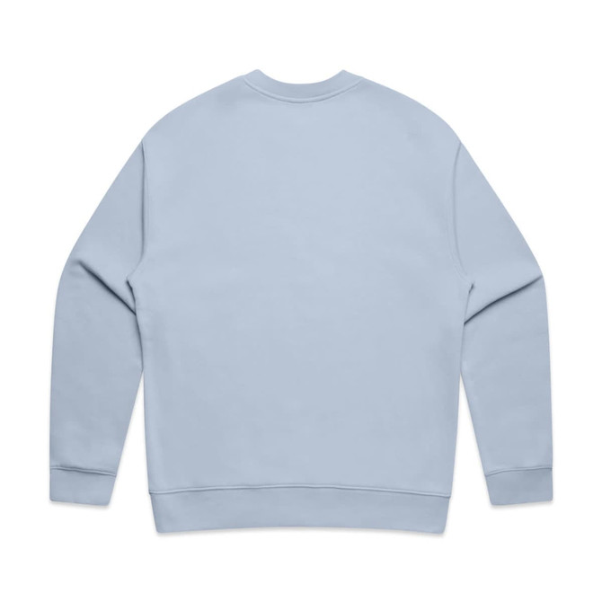A light blue sweater with a simple design and a branding logo on the back.