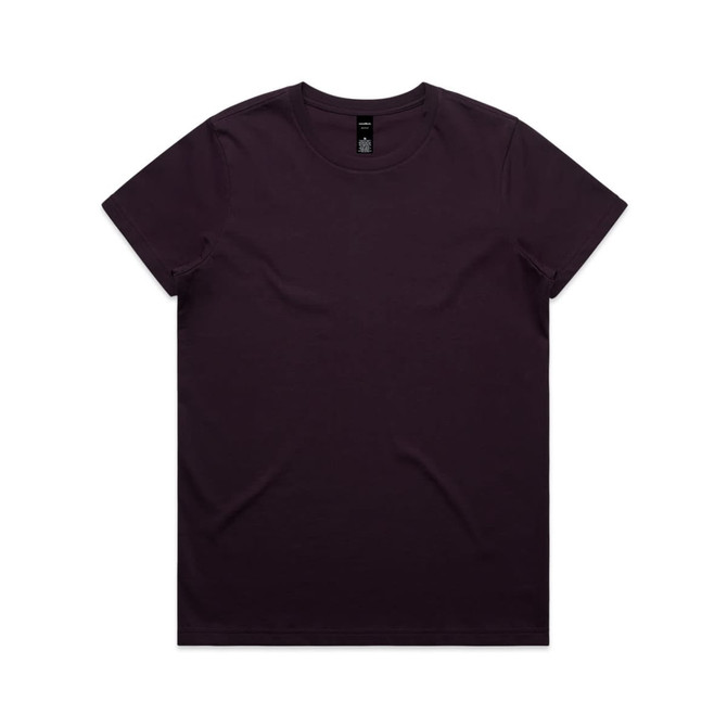 A dark purple t-shirt with a classic crew neck and a logo at the neckline.