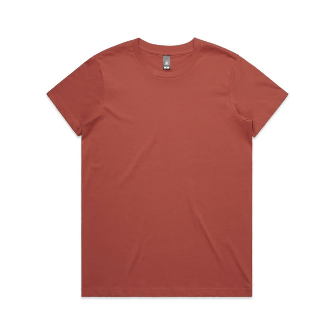 A rust-coloured t-shirt with a round neckline and short sleeves, featuring a logo on the label.