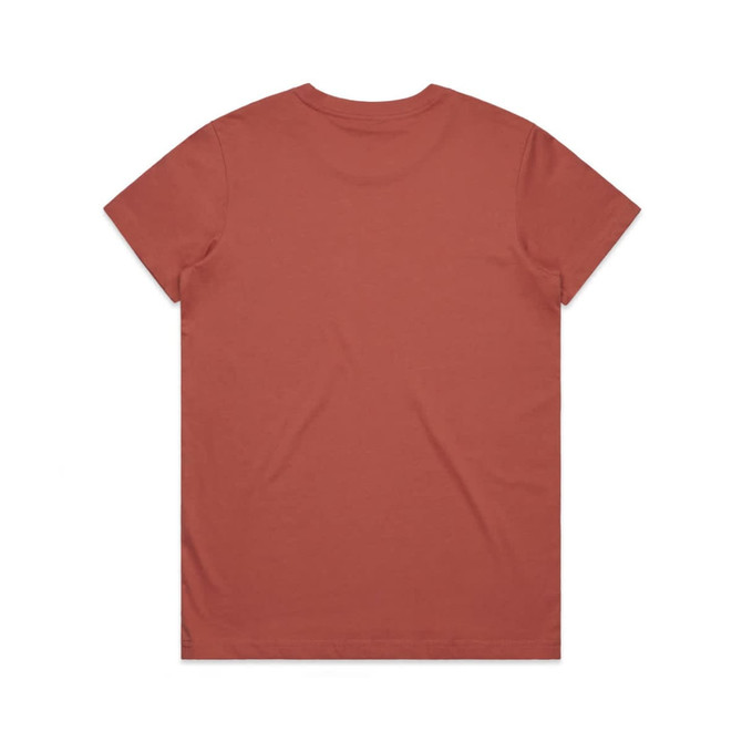 A rust-coloured t-shirt featuring a plain design and a round neckline, with a logo on the back.