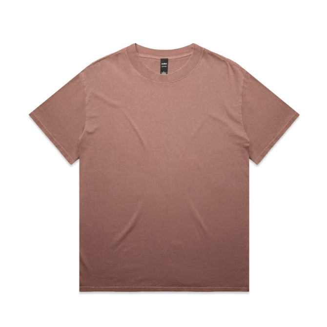 A heavy faded tee in a gradient of muted pink tones, featuring a tag and no visible logos.