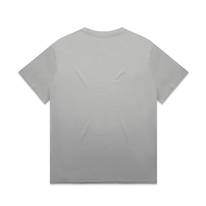 A grey heavy faded tee with short sleeves, featuring a plain back and a logo.