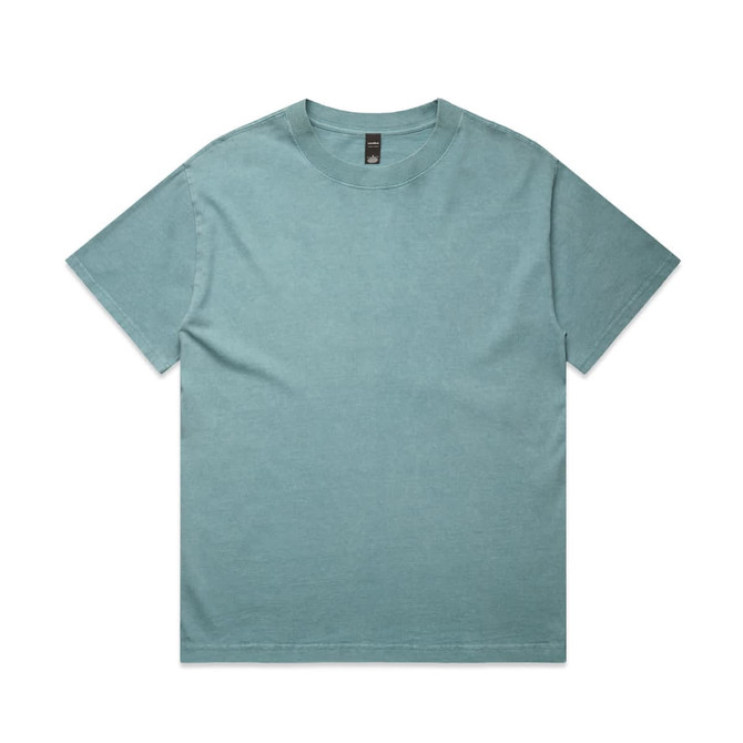 A short-sleeved, faded teal T-shirt with a round neck and a small logo on the label.