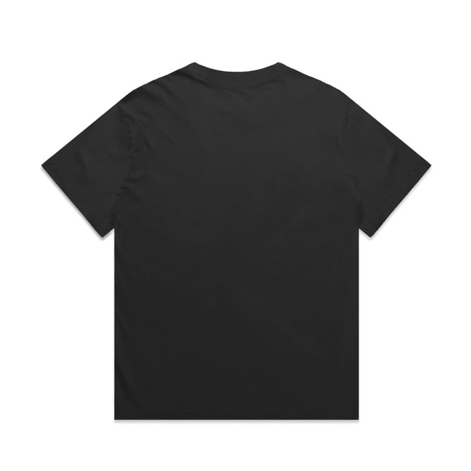 A black T-shirt featuring a simple design and a small logo on the back.