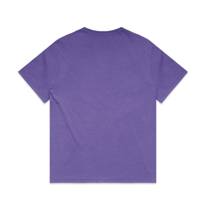 A purple t-shirt with a relaxed fit and short sleeves, featuring a logo. The back view is visible.