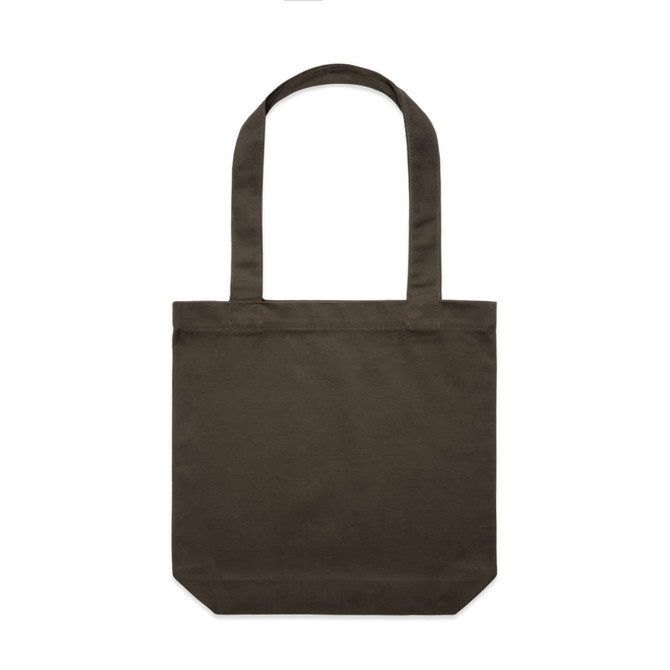 A dark brown tote bag featuring two shoulder straps and a simple design, with a logo on one side.
