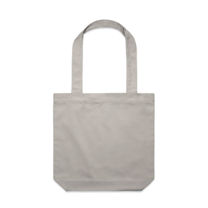 A grey tote bag with two shoulder straps and a simple design. The bag features a logo.