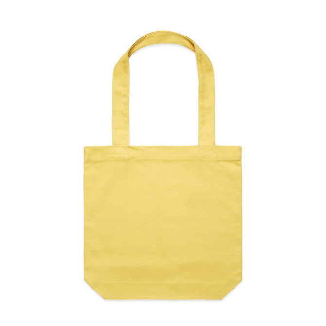 A yellow tote bag with two sturdy handles and a simple design. Features a branding logo.