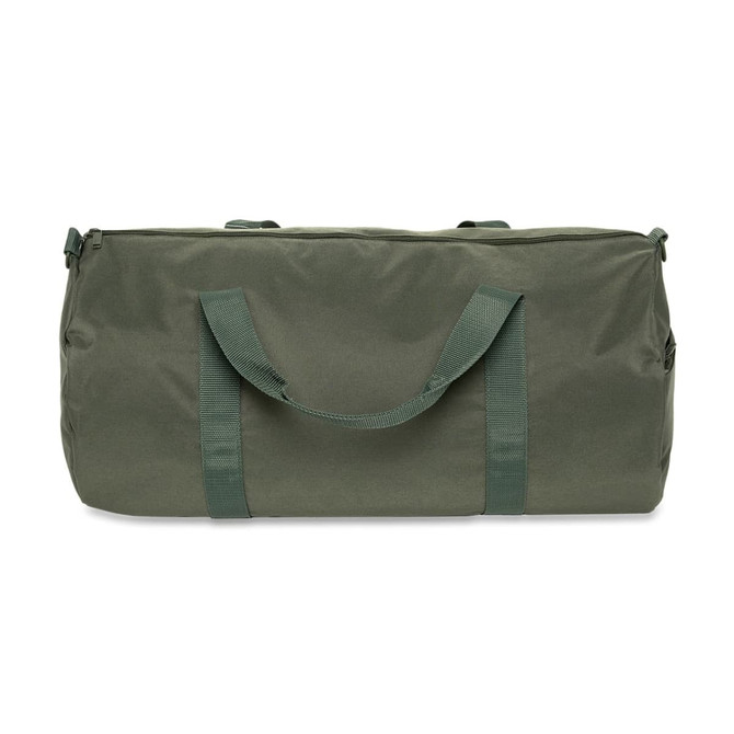 A green duffel bag with dual handles and zippers, featuring a logo on the side.