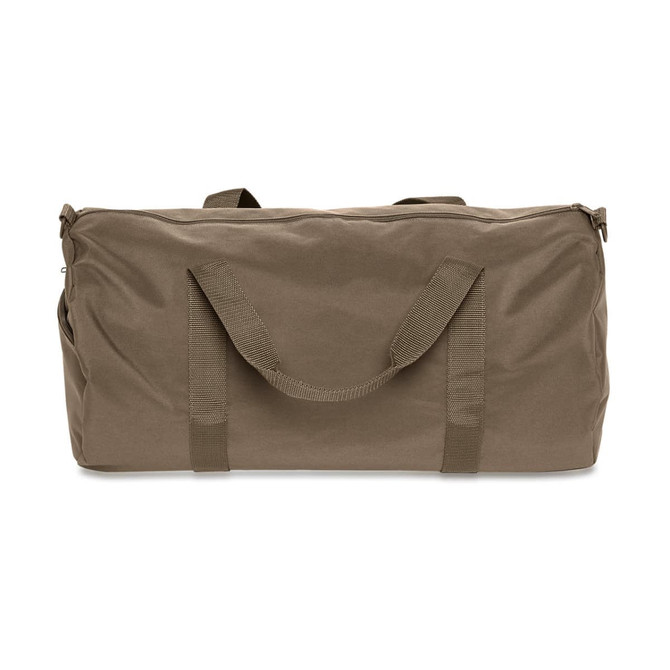 A khaki duffel bag with dual handles and a zip closure, featuring a simple design and a logo.