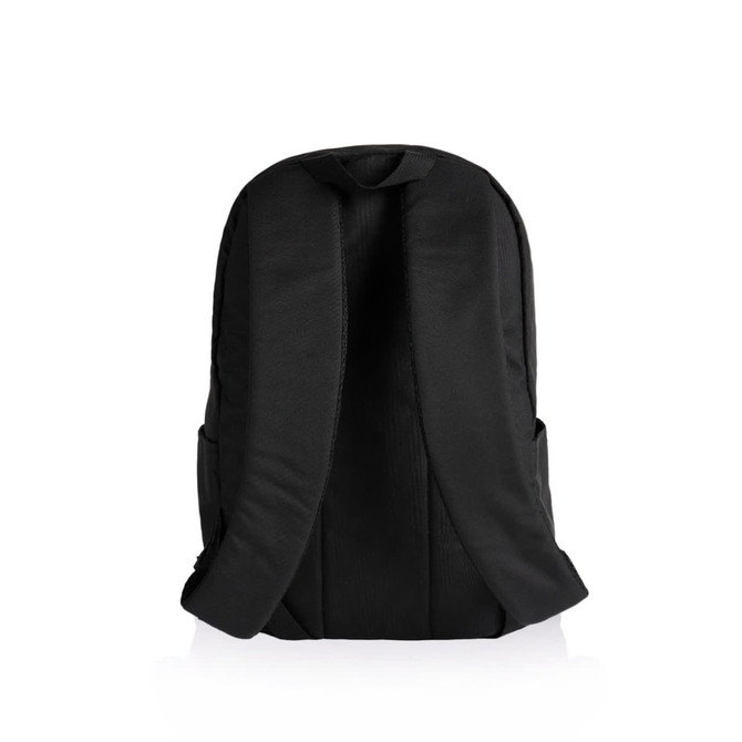 A black backpack with padded straps and side pockets, featuring a simple design and logo.