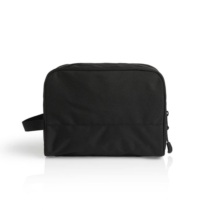 A black recycled toiletry bag with a zipper and side handle. Features a simple design and includes branding.