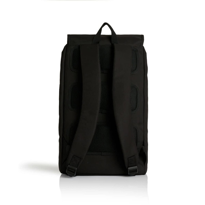 A black recycled field backpack with adjustable straps and a top handle. It has a padded back for comfort.