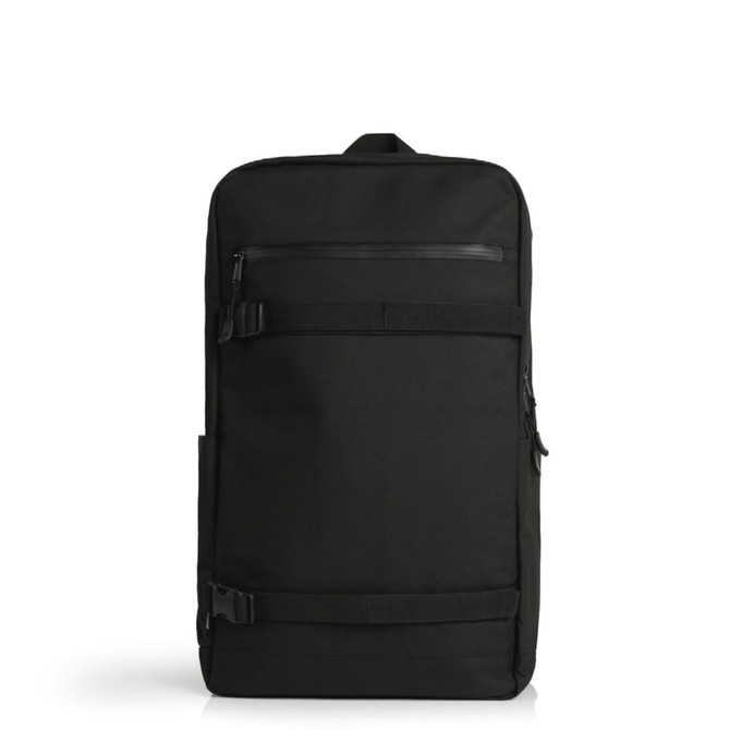 A black recycled strap backpack with multiple zippered pockets and adjustable straps. It features a logo.