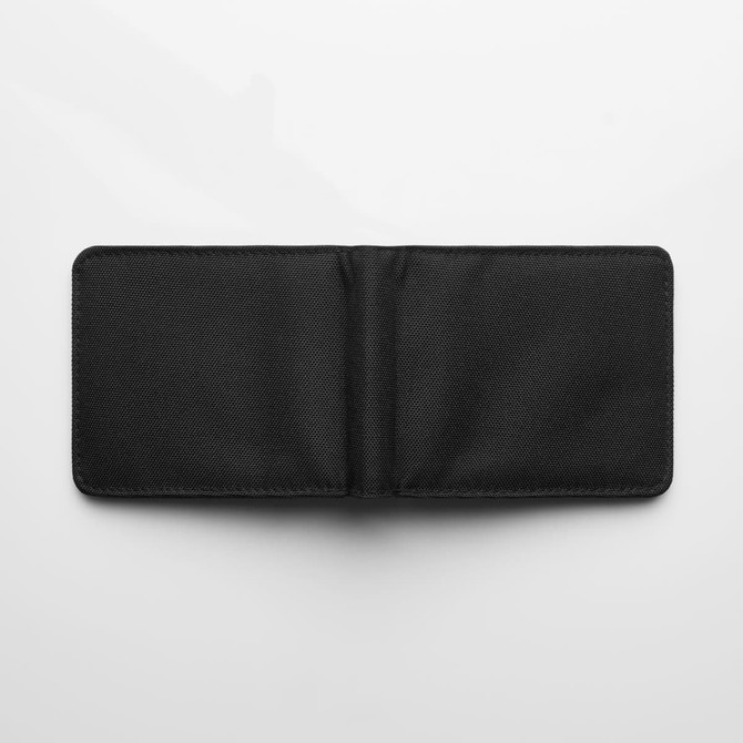 A black recycled fold wallet displayed open, featuring a textured surface and an interior without visible compartments.