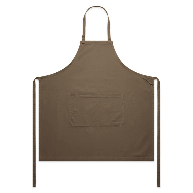 A brown canvas apron featuring a front pocket and adjustable ties at the neck and sides.