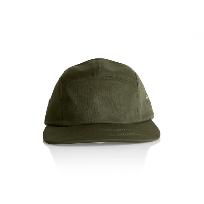 A green Finn Five Panel Cap with a flat brim and a logo. Ideal for casual headwear.