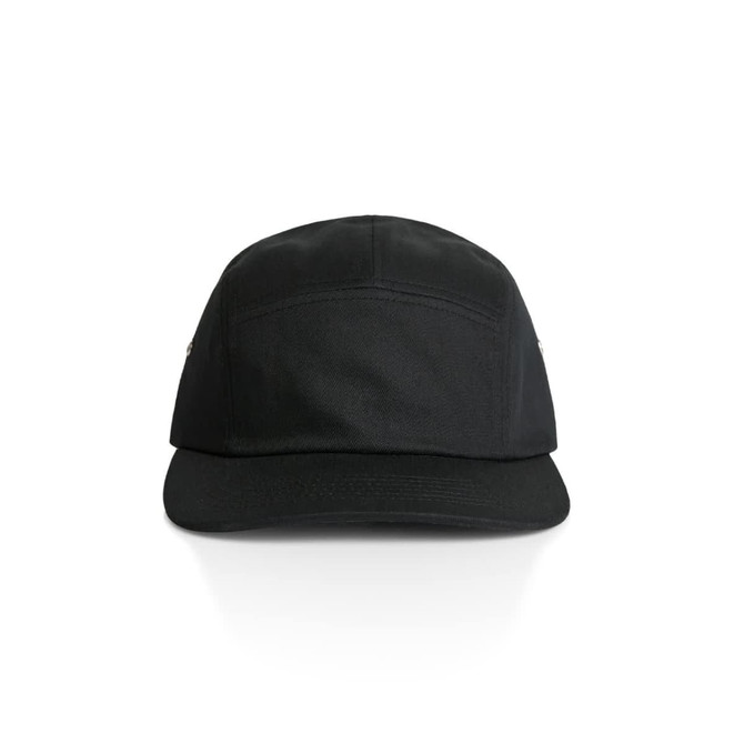 A black Finn Five Panel Cap with a structured design and a logo on the side.